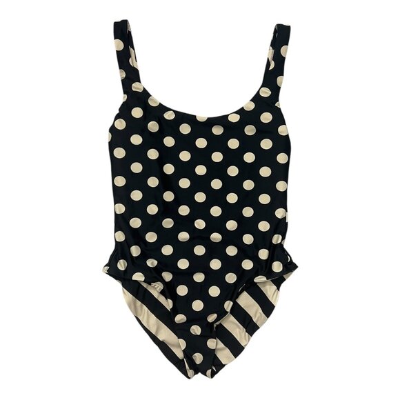 J Crew Reversible One Piece Swimsuit 14 Striped Polkadot‎ Scoop Neck Black Tan - Picture 1 of 12